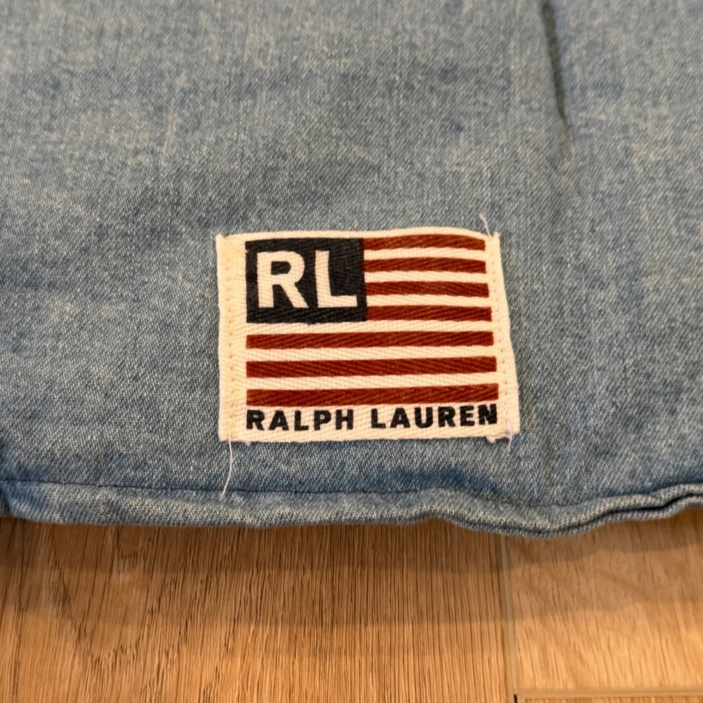 VTG Ralph Lauren Denim Comforter Set Blue Jean Flag Logo Plaid Sham/Skirt Queen